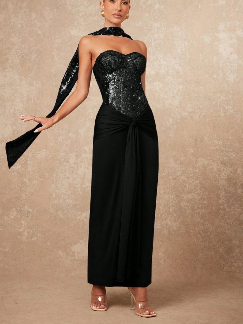 Black Party Women's Sequin Bandeau Dress with Cinched Waist and Scarf Shawl